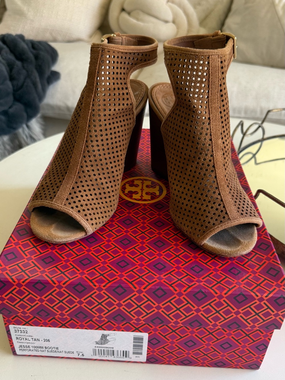 Tory Burch Brown Perforated Suede Peep-Toe Block Heel Booties